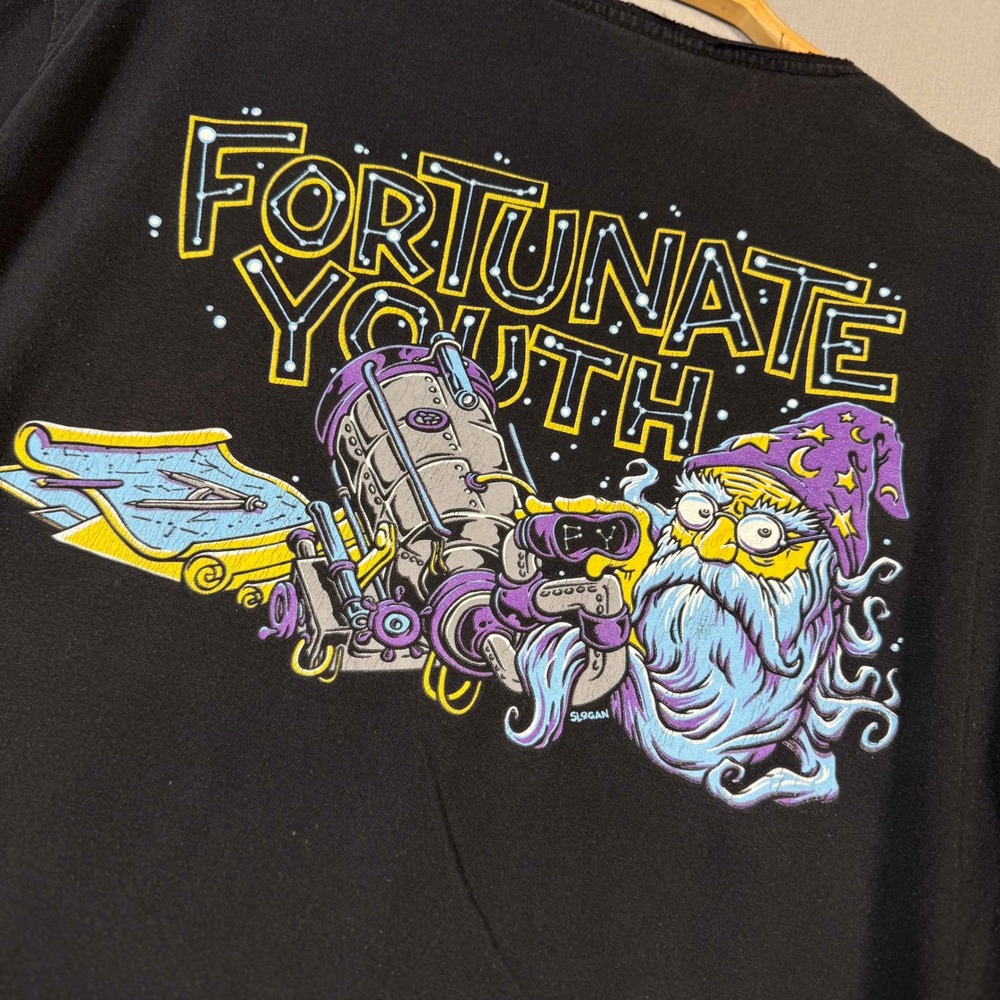 Epic Wizard Artwork Tee Black 420 Band Shirt Cut Neck DIY Grunge Fortunate Youth